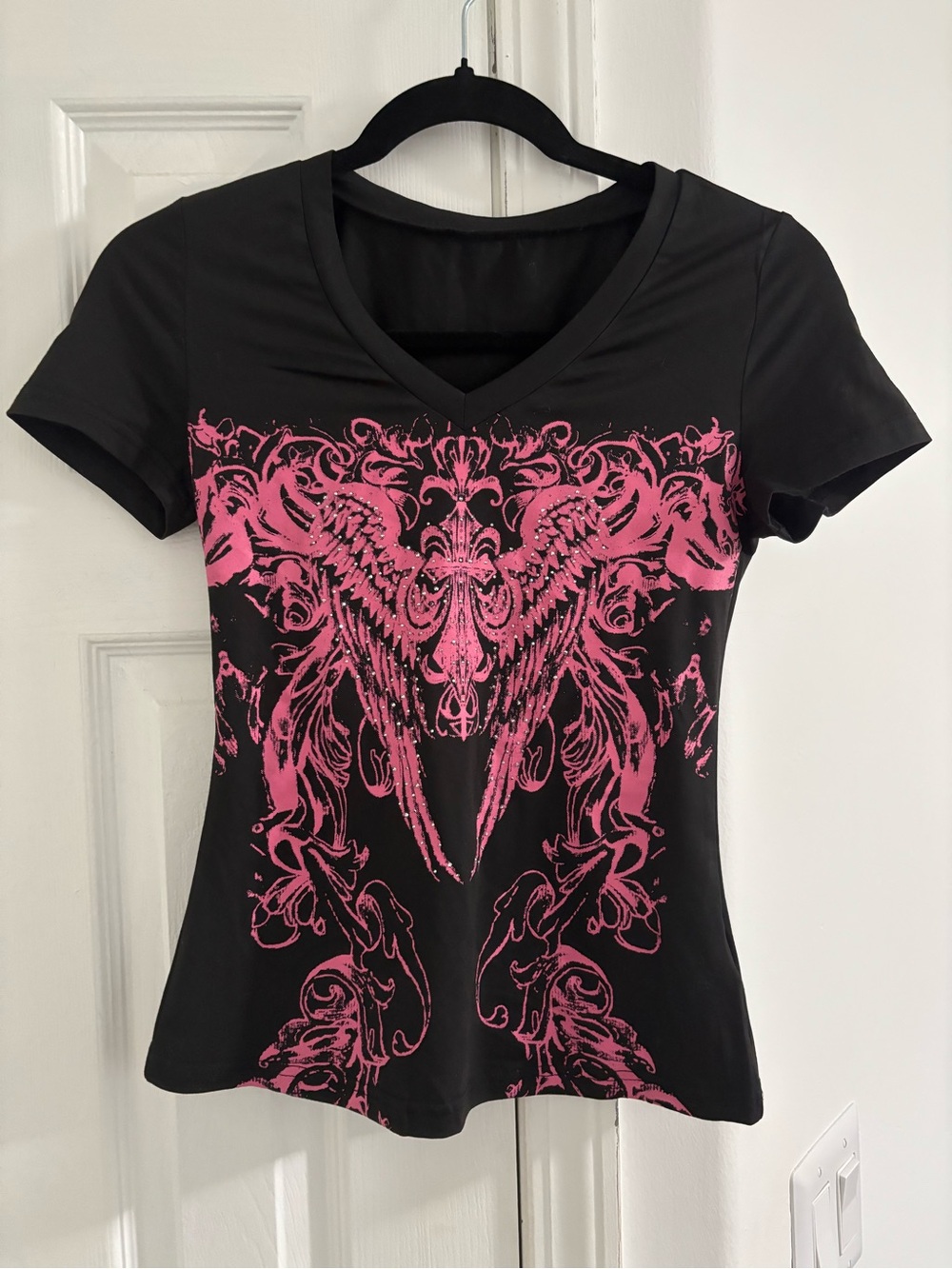 SHEIN Black V-Neck Tee with Pink Ornate Wing Graphic